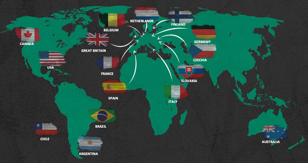 A world map showing international partnership connections